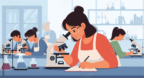 A group of focused students and scientists meticulously conducting experiments in a modern laboratory, using microscopes for detailed research, observation, and educational discovery
