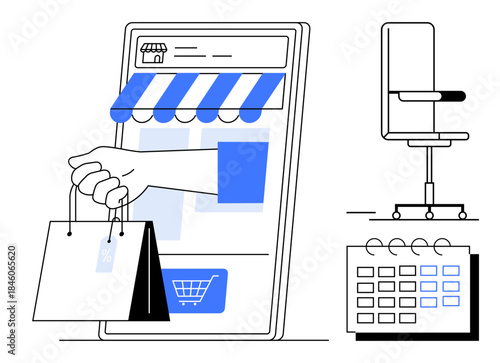 Online shopping, e-commerce, digital transactions, retail stores, scheduling, business tools. A smartphone with a storefront, hand holding shopping bags a chair and a calendar. Online shopping