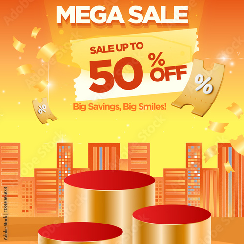 3D product display stands, featuring a red and yellow background with promotional illustrations, advertising templates, or promotional banners for a Mega Sale or Flash Sale.