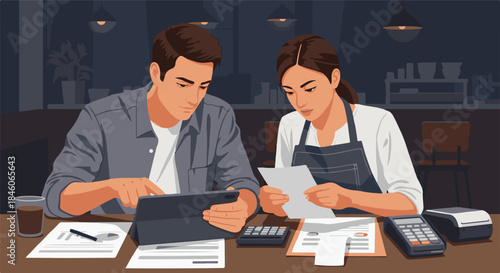 Small business owners meticulously review financial reports and operational strategies on a tablet, planning for their cafe's future growth and success