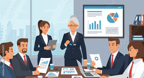 Business professionals collaborating in a meeting room analyzing charts and graphs on a table, depicting teamwork and strategic planning