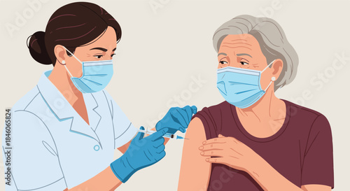 Healthcare professional vaccinates a senior woman, highlighting public health, elderly care, and disease prevention efforts during a health crisis
