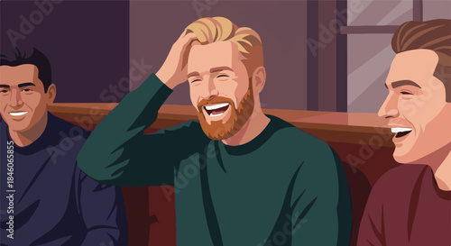 Three men laughing together in a bar, enjoying each other's company and sharing a good time