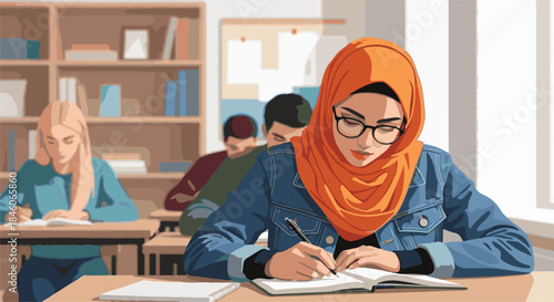 Diligent young woman in a hijab focused on her studies during a class, embodying academic dedication and diverse learning experiences in a contemporary educational setting