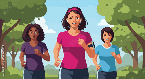 Three diverse women enjoying a healthy outdoor run in a vibrant green park, promoting fitness, friendship, and an active lifestyle together