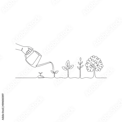 Continuous one line drawing of a hand holding a watering can pouring water on plants in different stages of growth, from sprout to tree. Minimalist vector illustration symbolizing nurturing and develo