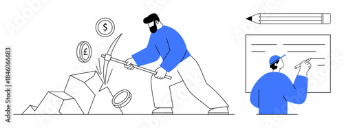 Wealth creation, financial mining, economic strategies, planning concepts, business development, profit analysis. A person mining coins and another analyzing data. Financial mining and economic