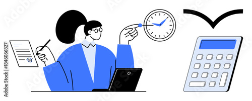 Time management, productivity, business planning, accounting, efficiency, organization. Woman pointing at a clock, holding a document and using a laptop. Time management and productivity symbolism