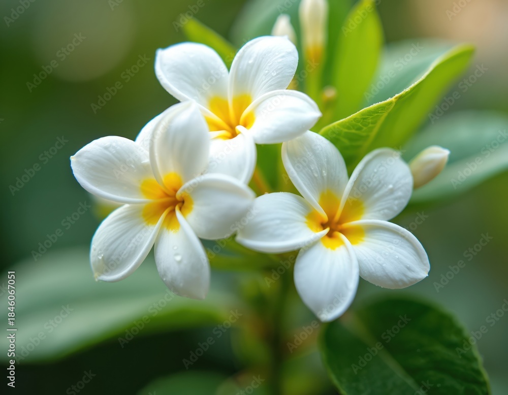 Fototapeta premium White plumeria flowers with yellow centers are on a green leafy background. Tiny water droplets are visible on the petals. The tropical blossoms are photographed up close.