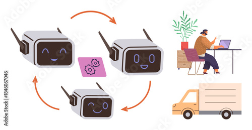 Robots in a workflow with cycle arrows, programmer coding at desk, delivery truck, and gear icon. Ideal for automation, logistics, programming, AI technology, workflow innovation simple flat
