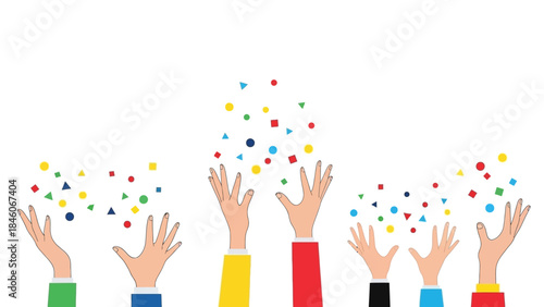Hands throwing colorful confetti celebrating success, joy, and celebration on white background
