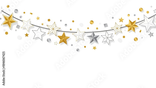 Elegant festive garland illustration with gold and silver stars, confetti, on white background