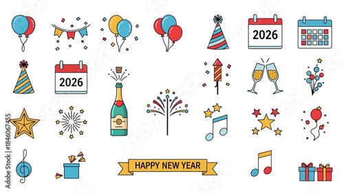 Colorful New Year Icons Balloons, Party Hats, Fireworks, and Festive Decorations for Celebration