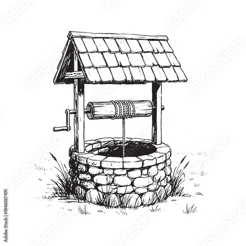 Pencil sketch illustration of an old rustic stone water well with a wooden roof and crank handle.
