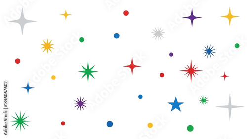 Colorful starbursts and dot elements in a pattern on a white background, perfect for design and decoration