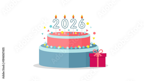 Celebrating 2026 A Festive Cake with Candles and a Gift for the New Year's Celebration
