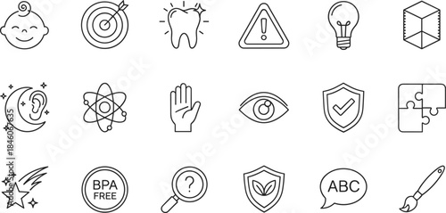 Comprehensive Vector Line Icon Set for Safety, Health, and Education, Featuring Baby and Childcare, Dental Health, Science, Security Shields, and Creative Arts Symbols.