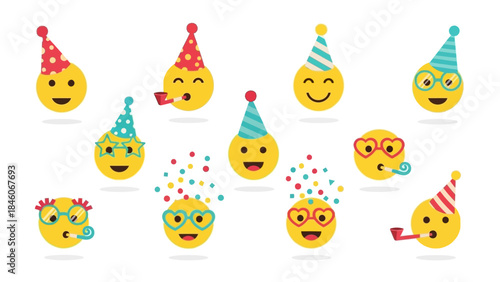 Festive Emoji Party A Collection of Smiling Faces with Party Hats and Accessories Celebrating Fun
