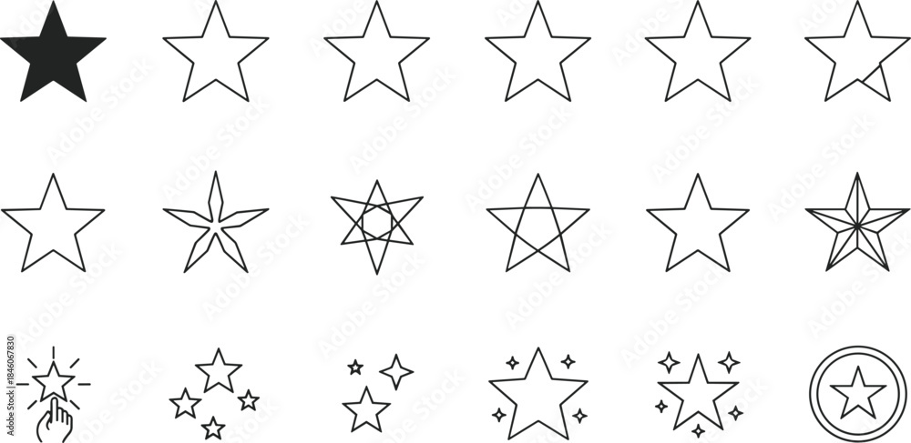 Naklejka premium Comprehensive Set of Minimalist Vector Line and Solid Star Icons Used for Customer Rating, Reviewing Quality, Favorite Selection, and Sparkling Achievement Symbols for Interface Design.