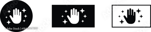 Minimalist Solid Black and White Vector Icon Set Featuring a Hand Surrounded by Sparkling Stars, Representing Cleanliness, Hygiene, Magic, Refreshment, and Quality Control.