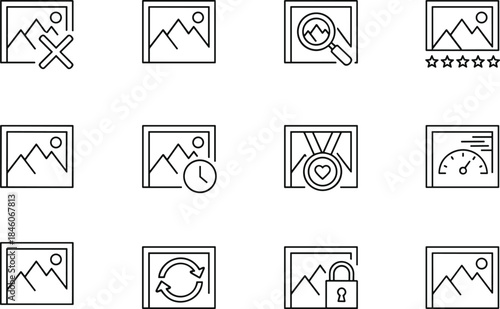 Vector Line Icon Set for Picture and Image File Management, Featuring Quality Rating, Editing, Loading Speed, Upload Time, Security, and Mountain Landscape Symbols.