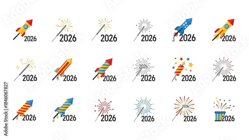 Festive Fireworks and Sparklers Set for New Year 2026 Celebrations, Isolated on White Background