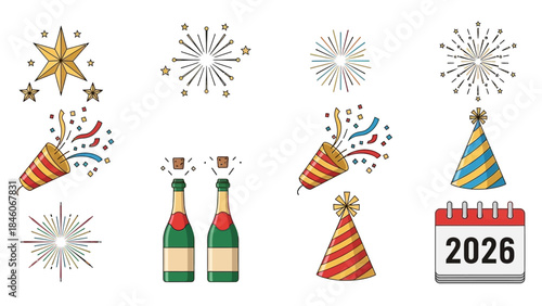 Festive New Year's Icons Fireworks, Champagne, Party Hats, and Calendar elements for celebrations