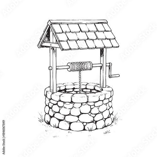 Pencil sketch illustration of an old rustic stone water well with a wooden roof and crank handle.
