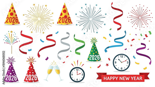 Festive New Year Decorations Fireworks, Confetti, and Party Elements for Celebration