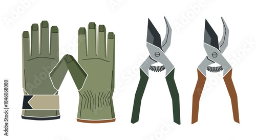 Gardening gloves and pruning shears with transparent background