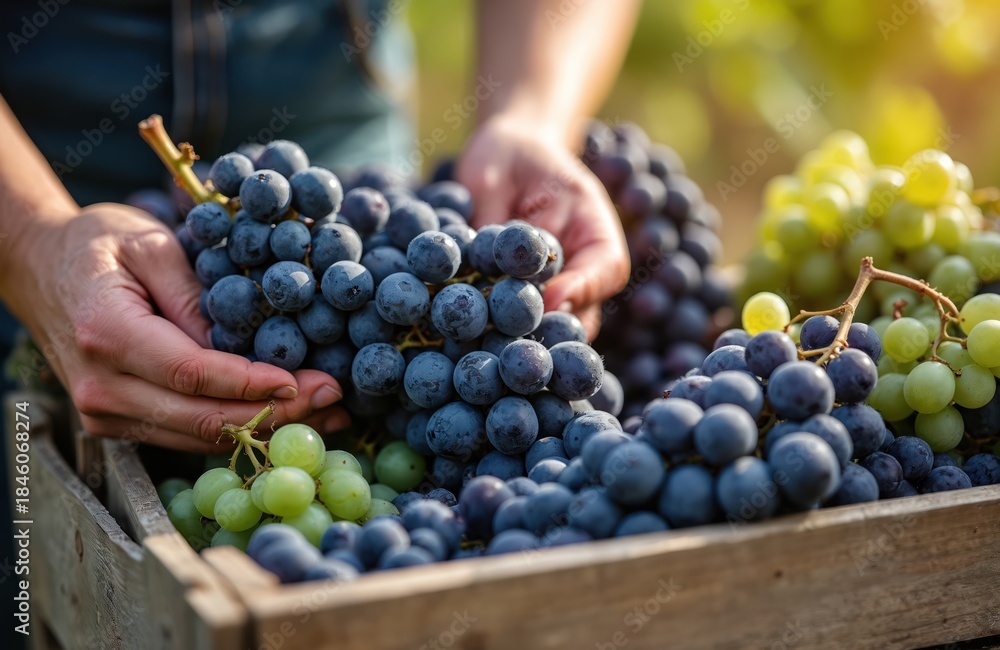 Obraz premium Hands hold dark blue and green grape bunches in wooden crate. Vine harvest, vineyard agriculture, fresh fruit farm. Juicy berries ready for sale. Viticulture farm work. Healthy crop.