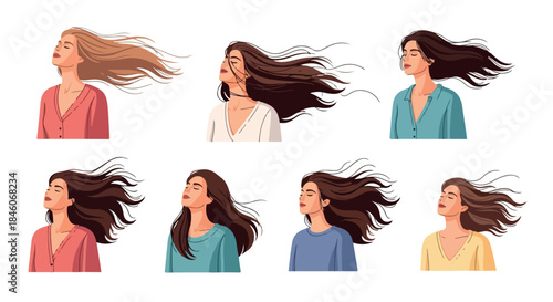 Women with flowing hair in various outfits