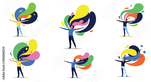 People surrounded by colorful splashes, expressive figures