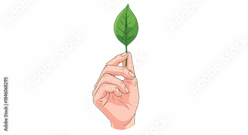 Hand holding green leaf with transparent background