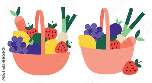 Fruit and vegetable baskets with fresh produce