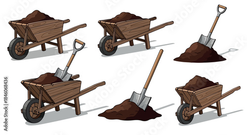 Wheelbarrow and shovel with soil for gardening