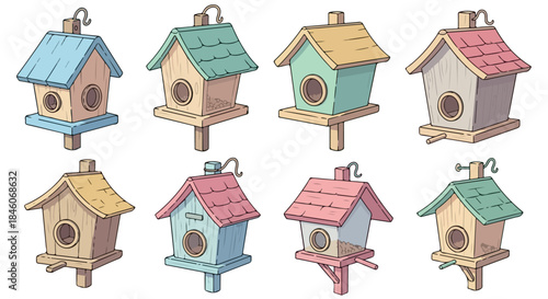 Colorful birdhouses collection with transparent background