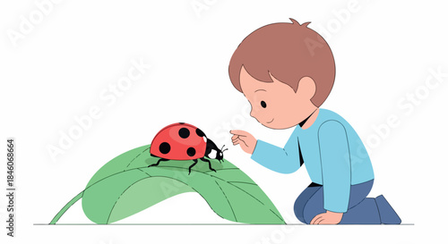 Boy looking at ladybug on a leaf
