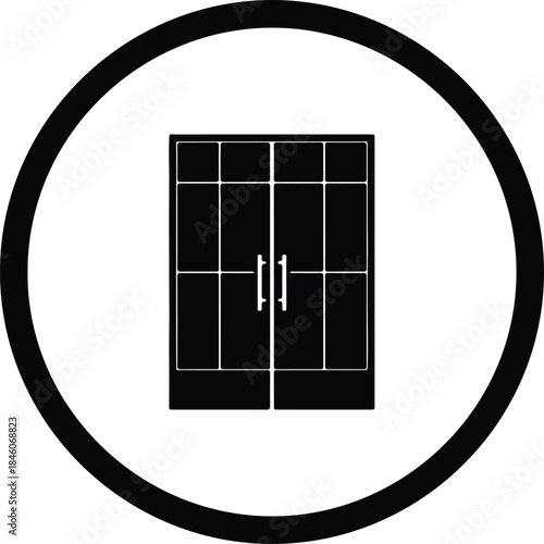 Vector Double glass pane French doors icon framed within a circle silhouette Illustration