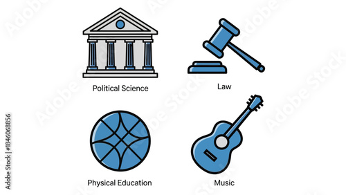 Vector illustration of Icons for music, law, physical education and political science