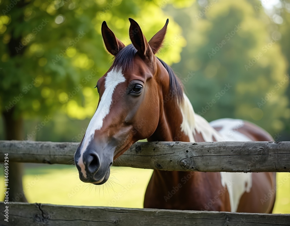 Obraz premium Brown and white horse leans over wooden fence looking outside pasture. Green trees and sunny day in background. Farm animal seeks freedom from enclosure. Horse yearns for open field.