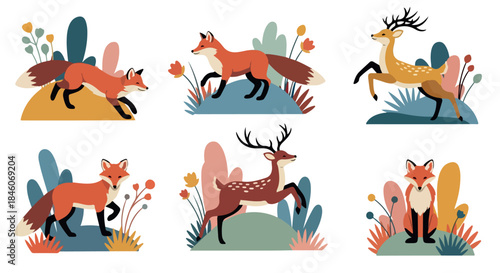 Fox and deer woodland scene with foliage