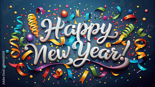 Happy new year text with colorful confetti and streamers on dark background