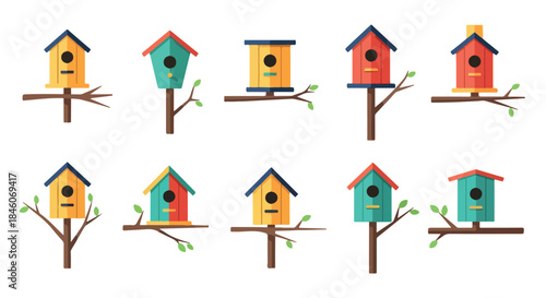 Colorful birdhouses on branches with transparent background