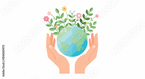 Earth in hands with flowers for environmental care