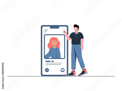 Man using a dating app or online social networking. Generation Z vector illustration. Flat illustration concept