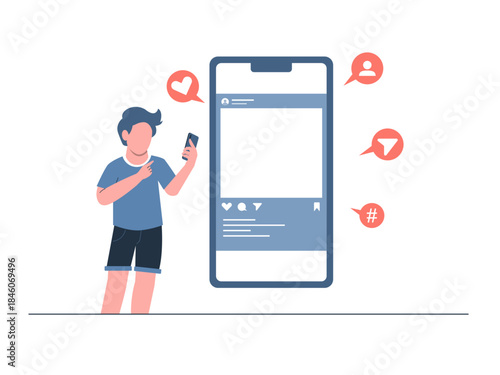 Young person using a smartphone with a social media interaction, online accounts, and mobile device usage. Generation Z vector illustration. Flat illustration concept