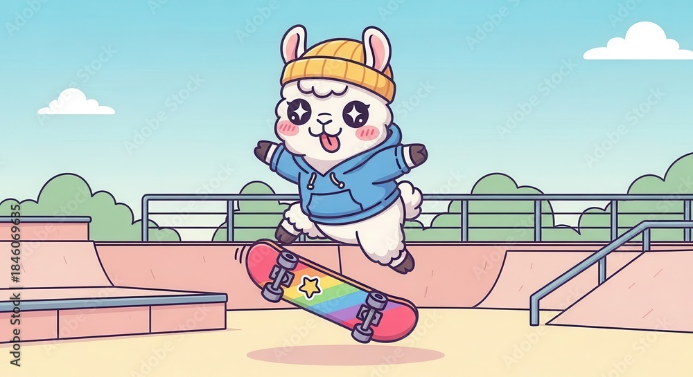 Obraz premium Adorable cartoon alpaca performs a trick while riding a colorful skateboard at an outdoor park