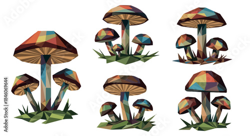 Colorful polygonal mushrooms in a forest setting