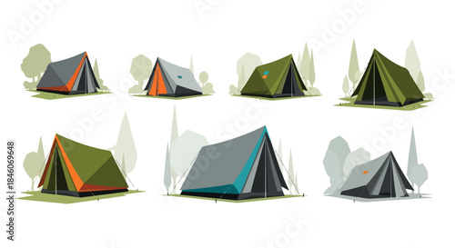 Camping tents in nature scene with trees